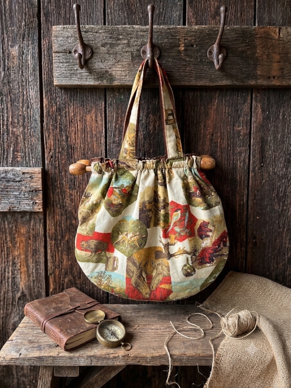 Vintage 70s Cabin Core wildlife handbag wooden dowels bear bird forest canvas